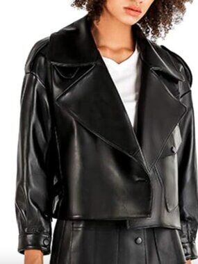 Black Faux Leather Jacket Asymmetrical Casual Short Oversized